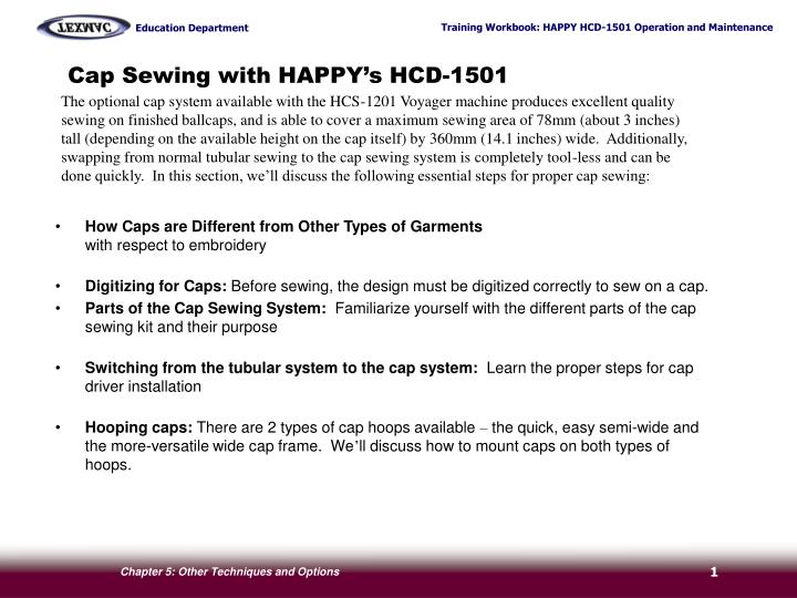 cap sewing with happy s hcd 1501 n.