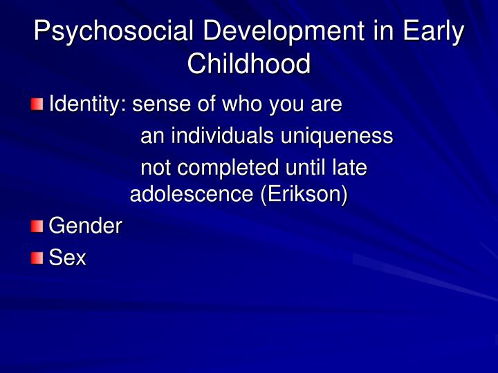 psychosocial dev The stages of psychosocial development articulated by erik erikson describes eight developmental stages through which a healthily developing human should pass from infancy to late adulthood. psychosocial dev The stages of psychosocial development articulated by erik erikson describes eight developmental stages through which a healthily developing human should pass from infancy to late adulthood.