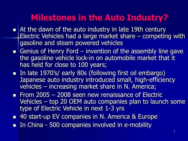 milestones in the auto industry n.
