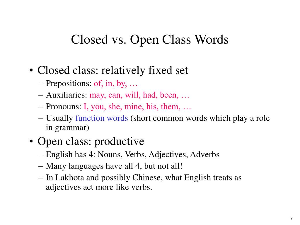 Open classes of Words. Closed and open Word classes. Word classes in English.
