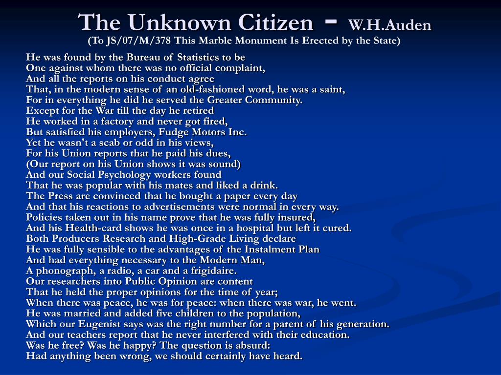 Wystan Hugh Audens The Unknown Citizen