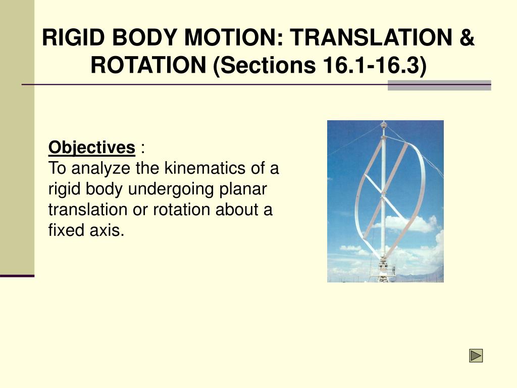 PPT - Objectives : To analyze the kinematics of a rigid body undergoing  planar translation or rotation about a fixed axis. PowerPoint Presentation  - ID:351867