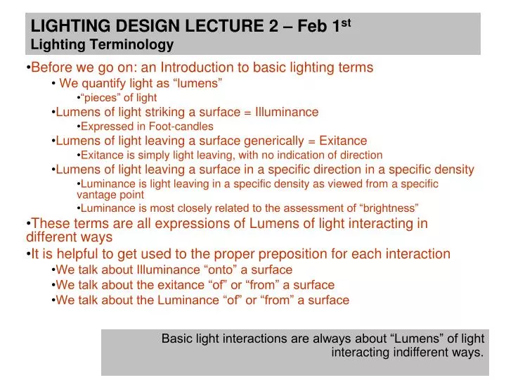 - LIGHTING DESIGN LECTURE 2 – Feb 1 Lighting Terminology Presentation -