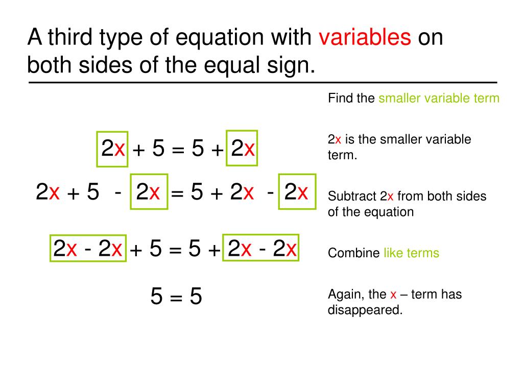 PPT - Solving Equations with Variables on Both Sides of the Equal Sign  PowerPoint Presentation - ID:353175