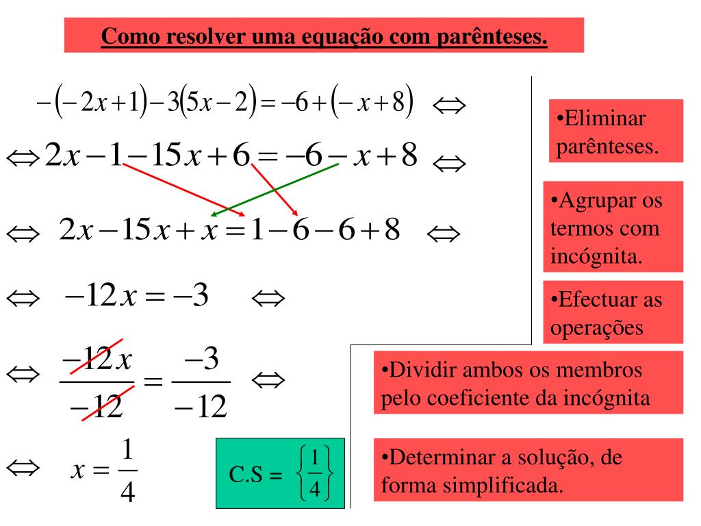 como resolver equação do 1 grau com parenteses