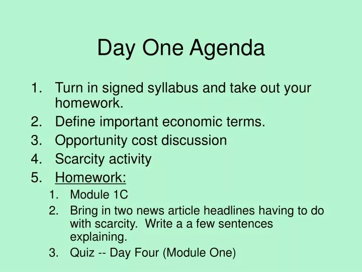 day one agenda n.