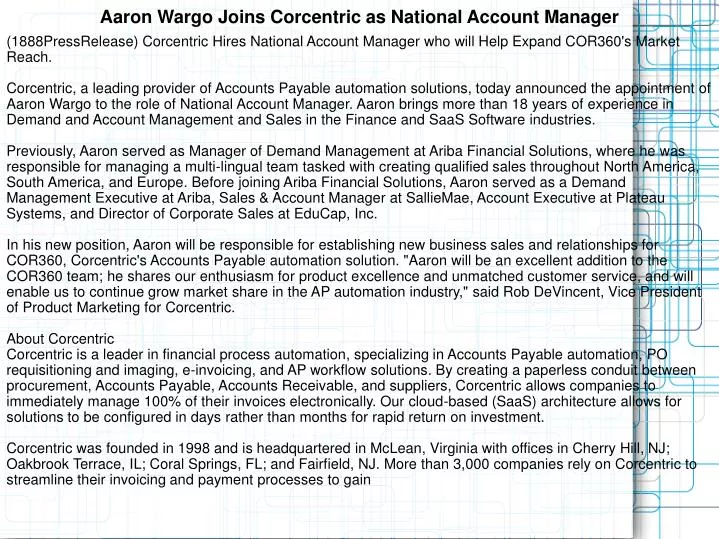 PPT Aaron Wargo Joins Corcentric As National Account Manager 