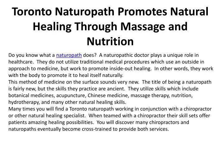 toronto naturopath promotes natural healing through massage and nutrition n.