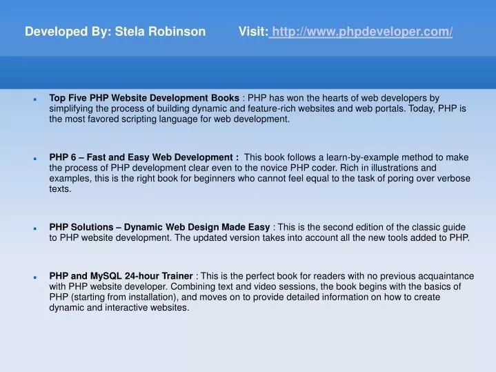 developed by stela robinson visit http www phpdeveloper com n.
