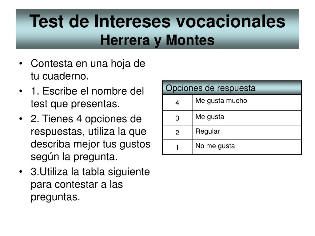 PPT Test De Intereses Vocacionales Herrera Y Montes PowerPoint Presentation ID 453434