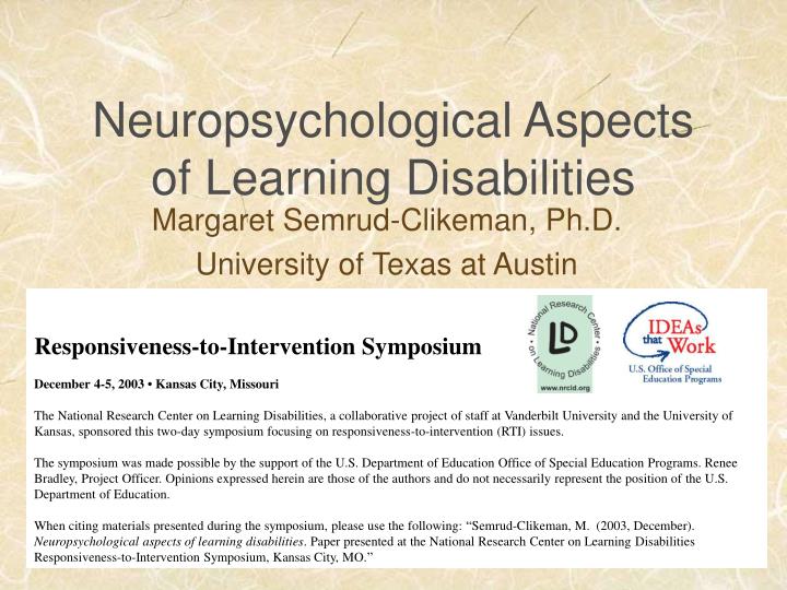 neuropsychological aspects of learning disabilities n.
