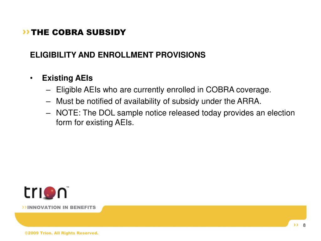 PPT THE COBRA SUBSIDY AND THE ARRA NEW INFORMATION AND TRION’S NEXT