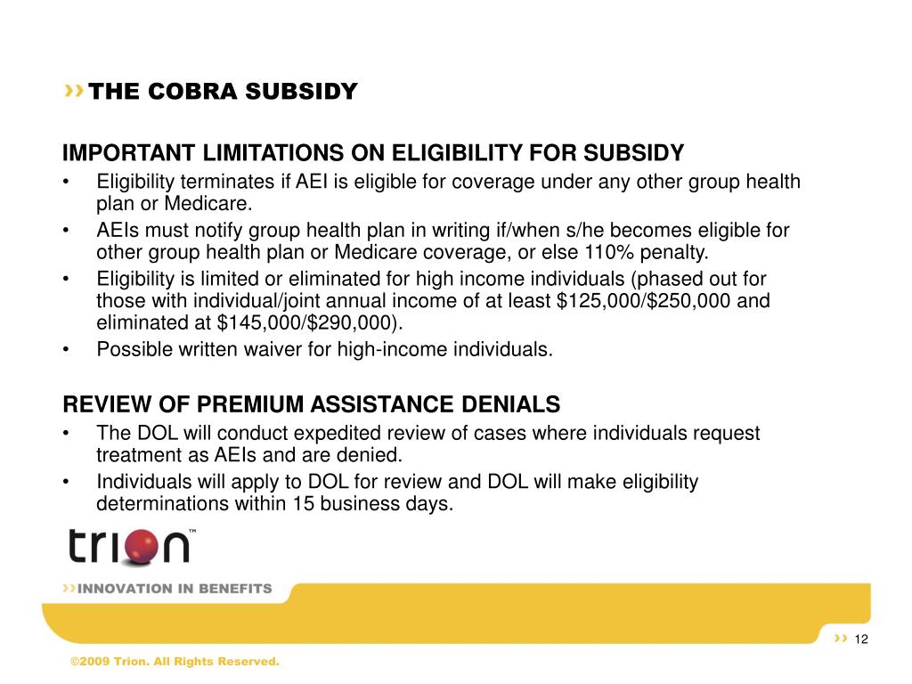 PPT THE COBRA SUBSIDY AND THE ARRA NEW INFORMATION AND TRION’S NEXT
