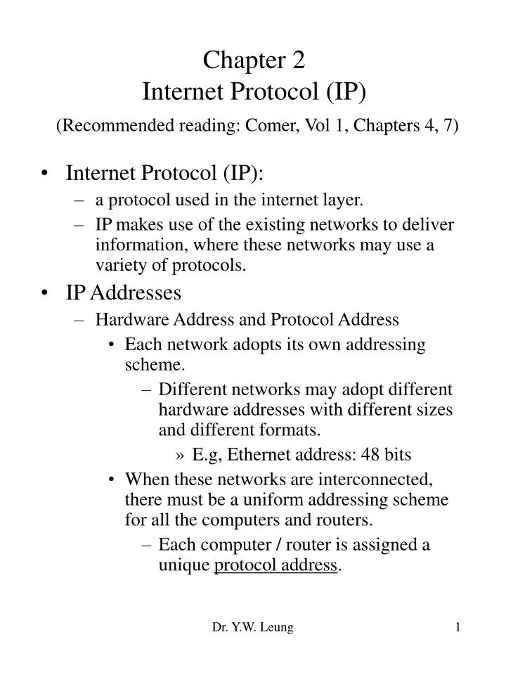 chapter 2 internet protocol ip recommended reading comer vol 1 chapters 4 7 n.