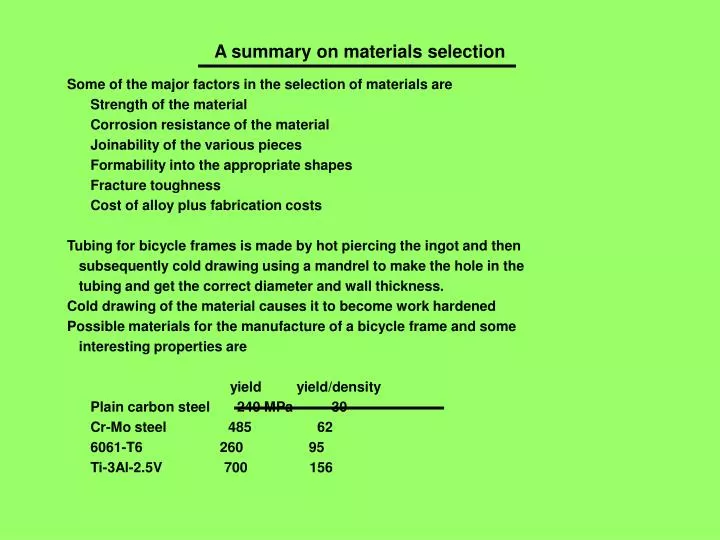 a summary on materials selection n.