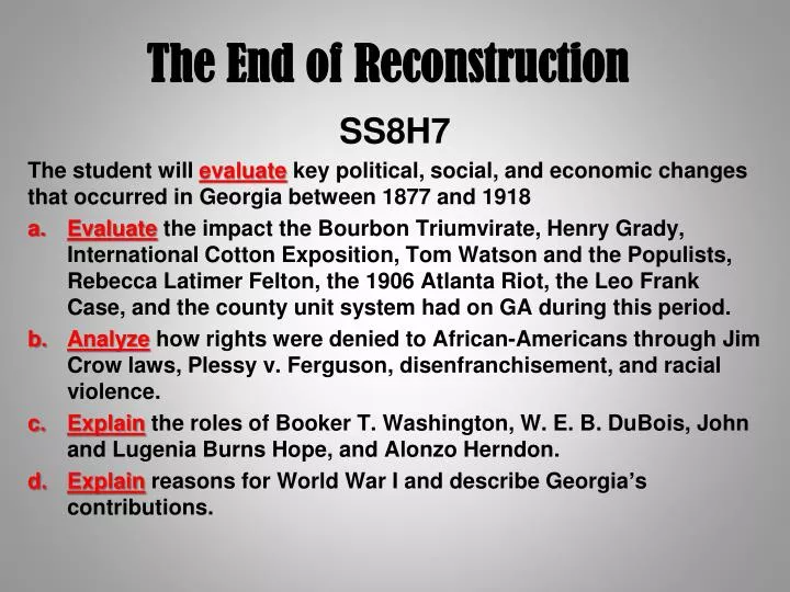 end of reconstruction The compromise of 1877 was a purported informal vincent p rutherford b hayes and the removal of the troops and the end of reconstruction in region. end of reconstruction The compromise of 1877 was a purported informal vincent p rutherford b hayes and the removal of the troops and the end of reconstruction in region.