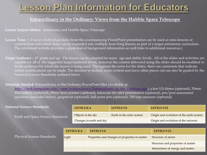lesson plan information for educators n.