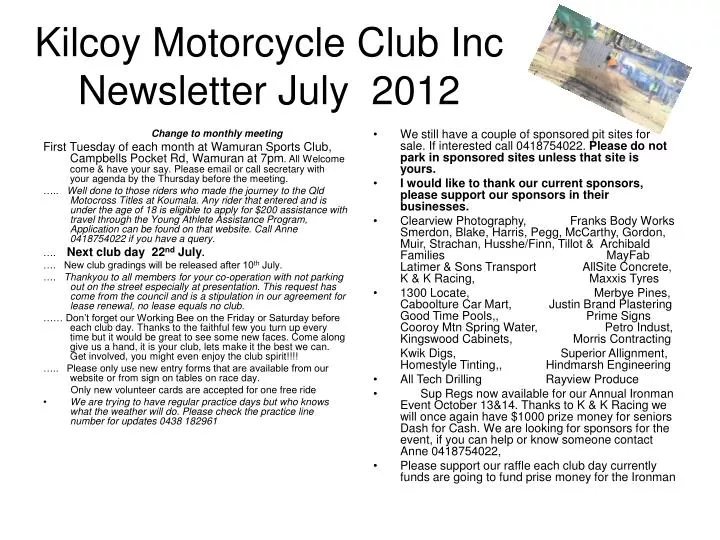 kilcoy motorcycle club inc newsletter july 2012 n.