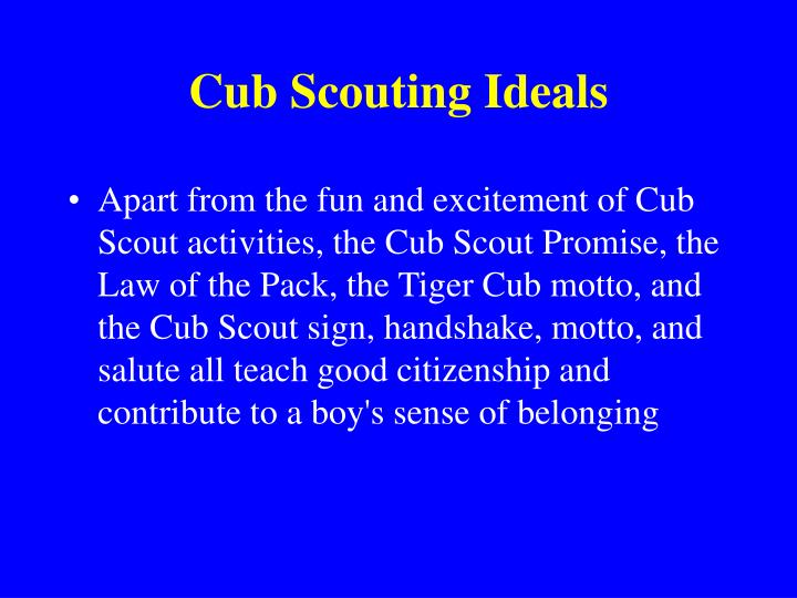 ideals of scouting The ideals of boy scouting are spelled out in the scout oath, the scout law, the scout motto, and the scout slogan the boy scout measures himself against these ideals and continually tries to improve. ideals of scouting The ideals of boy scouting are spelled out in the scout oath, the scout law, the scout motto, and the scout slogan the boy scout measures himself against these ideals and continually tries to improve.