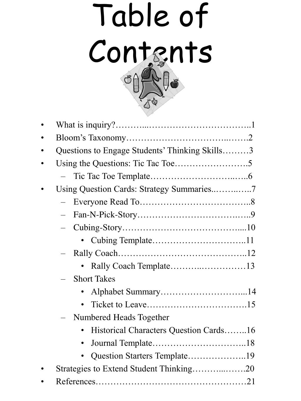 table of contents sample for assignment