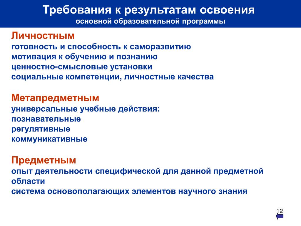 Освоение основной образовательной программы. Требования к результатам освоения ООП. Требования к результатам освоения ООП до.