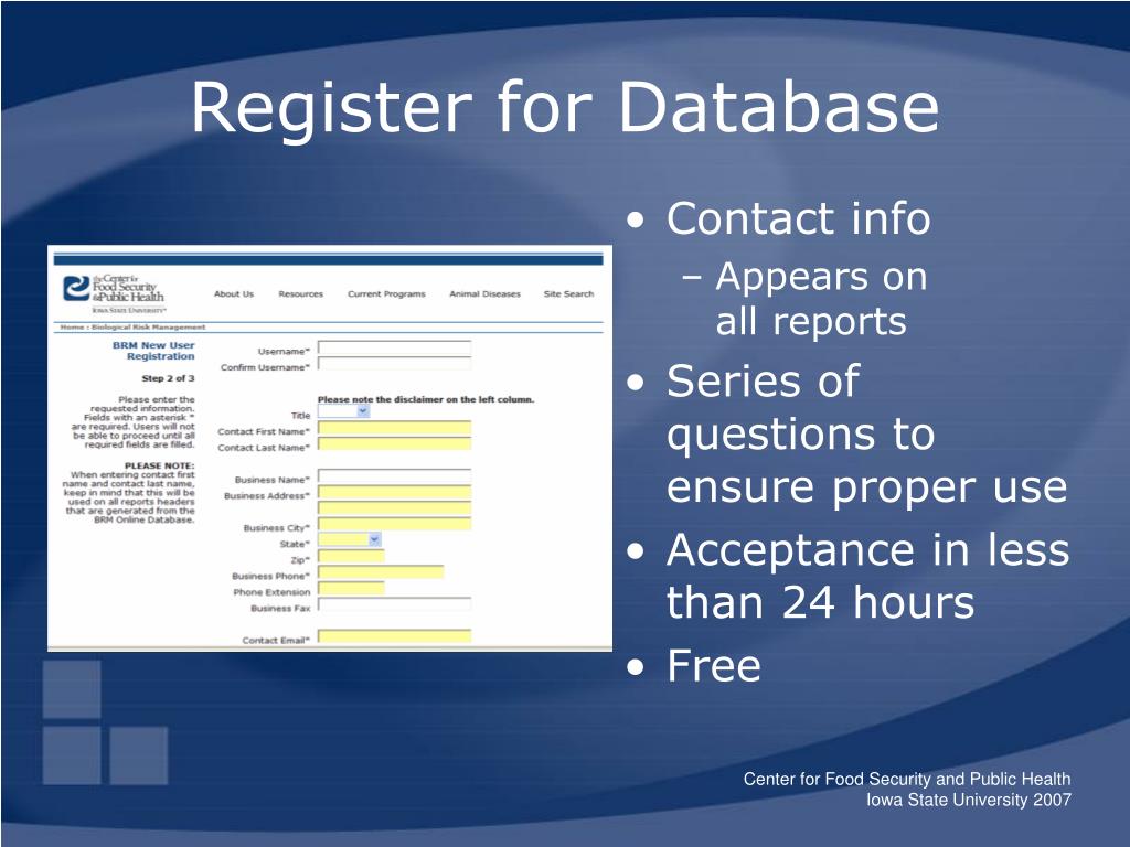 Database In Registration PPT - Practical Disease Prevention Tools for Veterinarians and Animal ...
