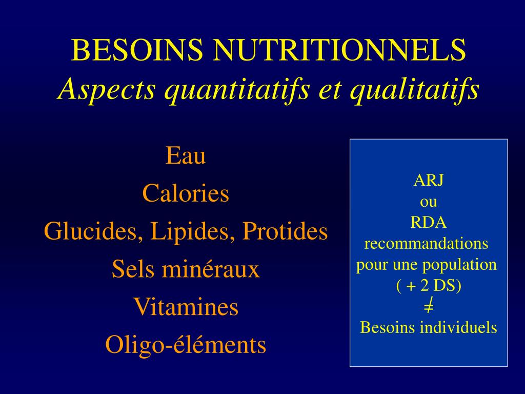 PPT - BESOINS NUTRITIONNELS Aspects quantitatifs et qualitatifs PowerPoint  Presentation - ID:875961