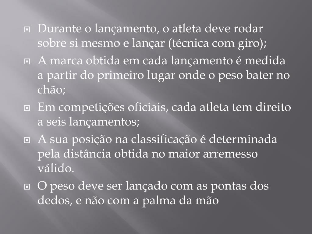Lançamento Do Peso Slideshare - Atletismo : O objetivo é lançar o engenho, neste caso o martelo, o mais longe possível aterrando dentro de um espaço perfeitamente definido.