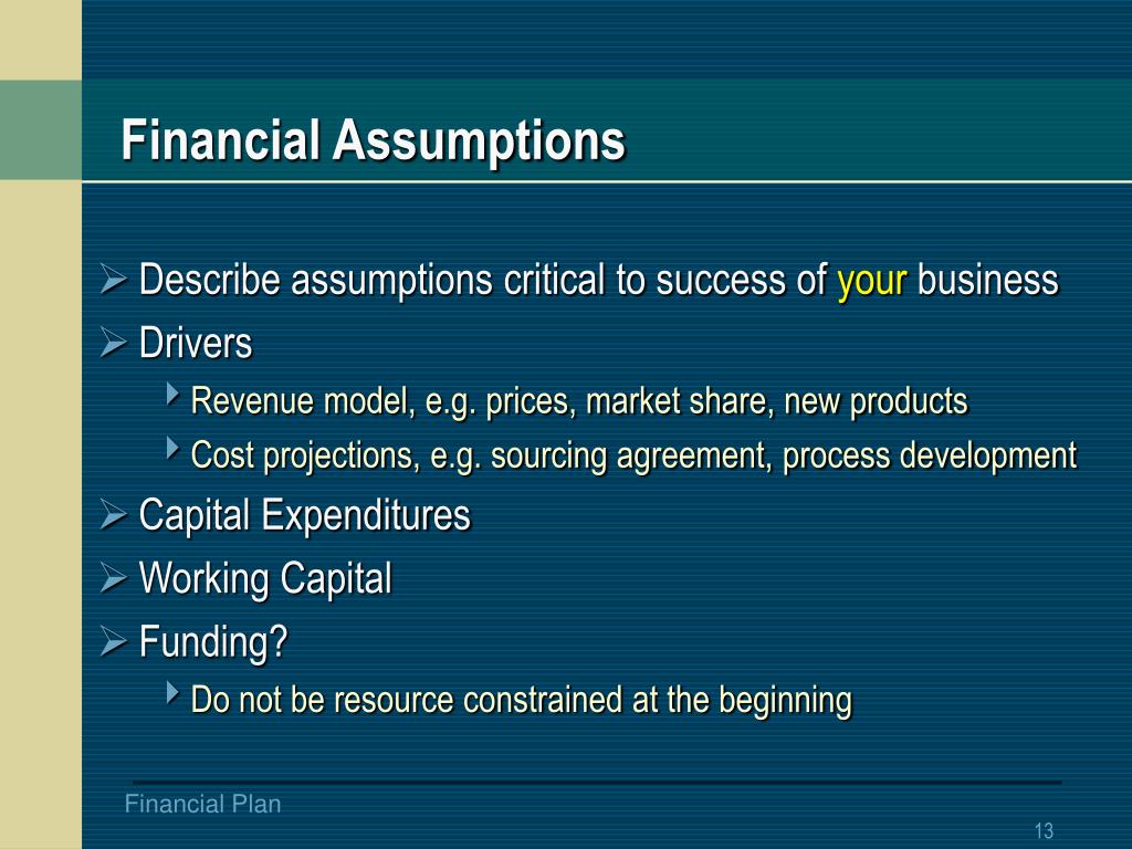 example of financial assumption in business plan