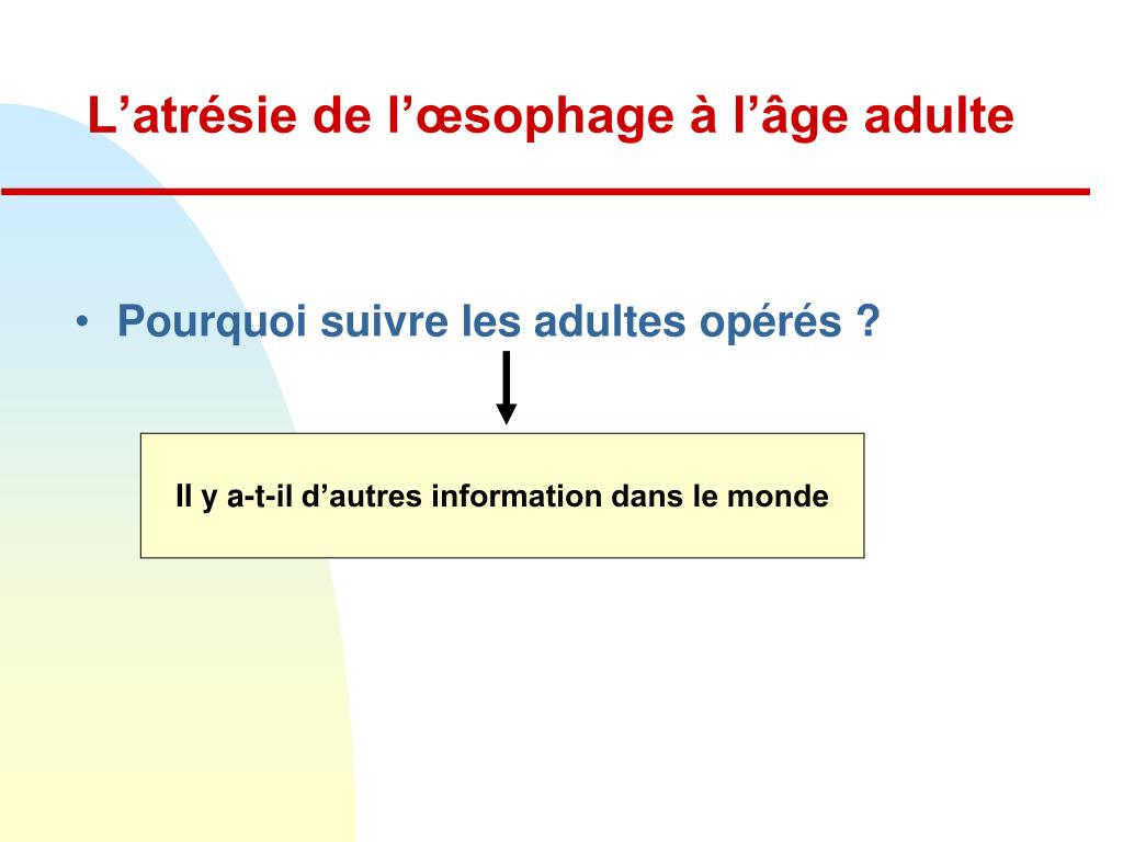 Atresie De Loesophage Esperance De Vie PPT - Le patient adulte opéré d’une atrésie de l’œsophage PowerPoint