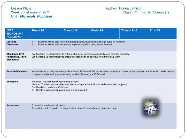 ppt lesson plans teacher donna jamison week of february 7 2011 publisher lesson plans