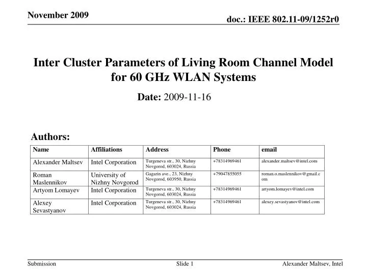 inter cluster parameters of living room channel model for 60 ghz wlan systems n.