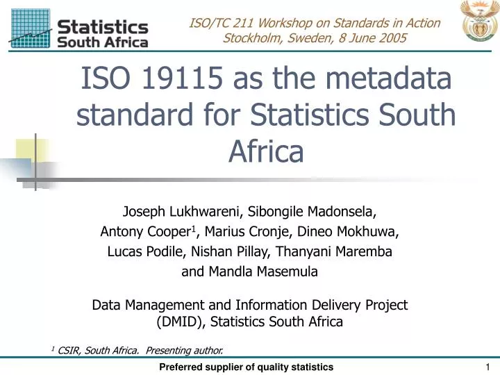iso 19115 as the metadata standard for statistics south africa n.