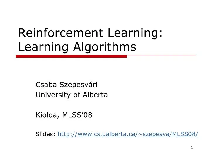 PPT - Reinforcement Learning : Learning Algorithms PowerPoint ...