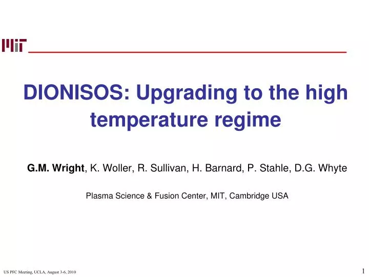 dionisos upgrading to the high temperature regime n.